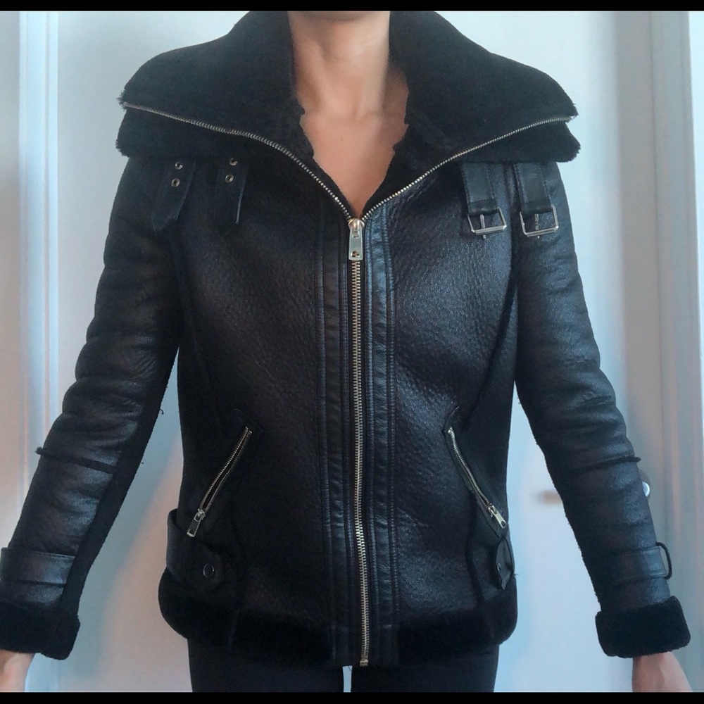 Black faux leather with shearling collar coat
